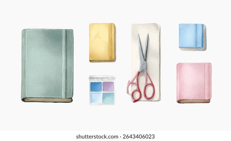 Assorted stationery items arranged on a white background.