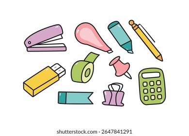 Artigos de papelaria sortidos e material de escritório em um estilo brincalhão desenhado à mão