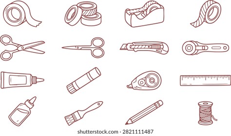 Assorted stationery and office supplies flat illustration