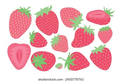 Assorted strawberries in flat design, showcasing whole and halved fruit with vibrant red and green hues, perfect for fresh, healthy themes.