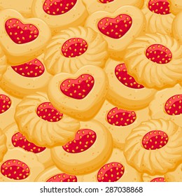 Assorted strawberry jam cookies seamless pattern. Sweet food background.