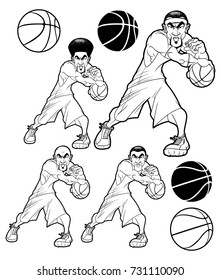 Assorted Styles of a Basketball Player in a Dynamic Pose, Along with Simple Line Art and Fills of Basketballs