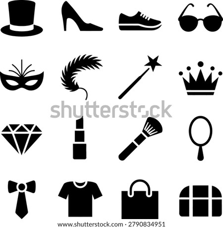 Assorted stylish icons featuring fashion accessories shoes and beauty items in sleek monochrome design