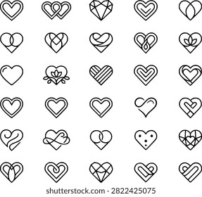 Assorted stylized heart shapes featuring different elegant and intricate line art designs on transparent background