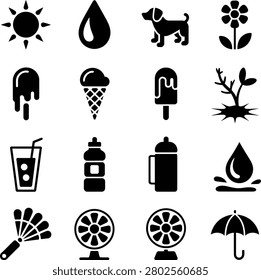 Assorted summer and everyday icons featuring sun drinks ice cream plants pets and fans in simple design