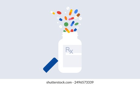 Assorted supplements and vitamins scatter out from one pill bottle. Medications, capsules and pills. Health care and treatment concept. Simple flat vector illustration.