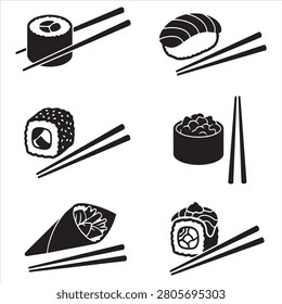 Assorted sushi and maki rolls with chopsticks icon set japanese chopsticks illustration culinary restaurant appetizer traditional silhouette minimalist collection oriental
