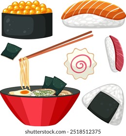Assorted sushi and ramen vector illustration