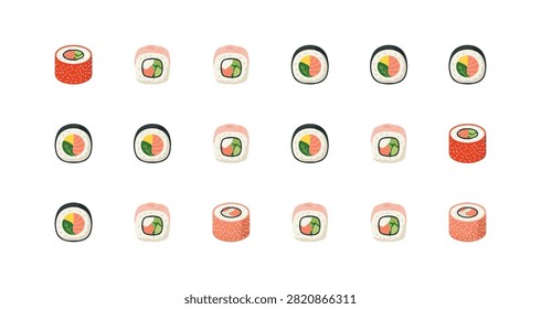 assorted sushi rolls featuring salmon cucumber avocado and nori in a neat grid arrangement with white background