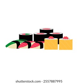 Assorted Sushi Rolls And Nigiri Set In Flat Vector Illustration Symbolizing Japanese Cuisine, Fresh Ingredients, And Gastronomy, Isolated On White Background