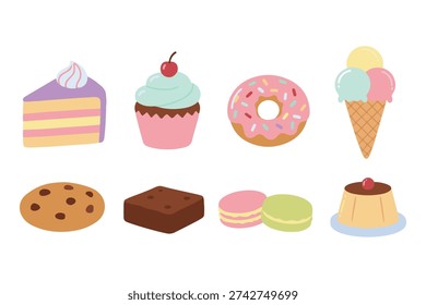 Assorted sweet dessert collection with cake slice, cupcake, donut, ice cream cone, chocolate cookie, brownie, macaron, and pudding in flat style