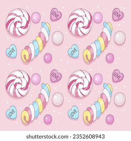 Assorted sweet pink candies. Pattern, texture. Vector illustration.