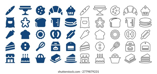 Assorted sweet treats and baking utensils shown in solid blue and thin line design formats.