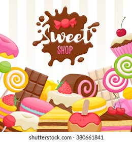 Assorted sweets colorful background with chocolate splash drop blot. Lollipops, cake, macarons, chocolate bar, candies and donut on shine background. Sweet shop.