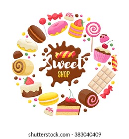 Assorted sweets colorful background with chocolate splash drop blot. Lollipops, cake, macarons, chocolate bar, candies and donut on shine background. Sweet shop.