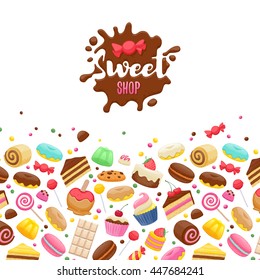 Assorted sweets colorful background with chocolate splash drop blot. Lollipops, cake, macarons, chocolate bar, candies and donut. Good for poster cover menu card confectionery pastry-shop design.