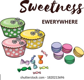 Assorted sweets colorful background with cupcakes, macarons, candies white background.