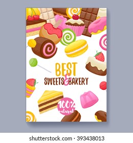 Assorted sweets colorful background. Lollipops, cake, macarons, chocolate bar, candies and donut on shine background. Poster cover design.