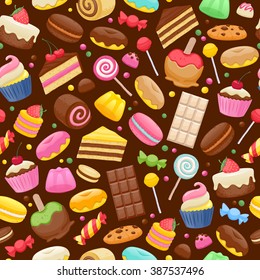 Assorted sweets colorful seamless background. Lollipops cake macarons chocolate bar candies and donut pattern.