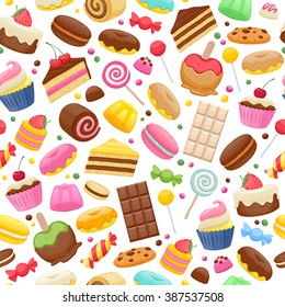 Assorted sweets colorful seamless background. Lollipops cake macarons chocolate bar candies and donut pattern.