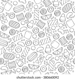 Assorted sweets seamless pattern - marshmallow gummy bears hard candies dragee jelly beans peppermint candy. Hand drawn sketch style vector illustration background.