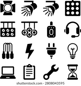 Assorted technology and industry icons featuring lighting tools audio equipment electrical symbols and maintenance tools