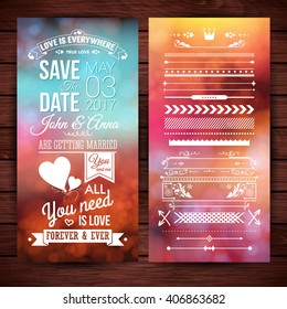 Assorted texts about love is everywhere, save the date, getting married and other icons and graphics for stationery