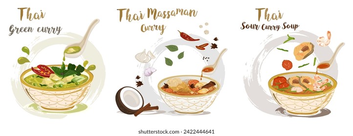 Assorted Thai Curry Delights - Green curry, Massaman, and Sour Curry Soup Vector Illustrations