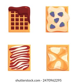 Assorted toast toppings vector set for delicious and healthy breakfast menu design with sweet chocolate spread, berry jam, creamy cheese, and gourmet options