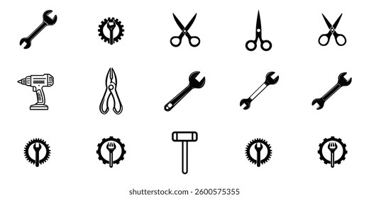 Assorted Tool Icon Collection in Black and White