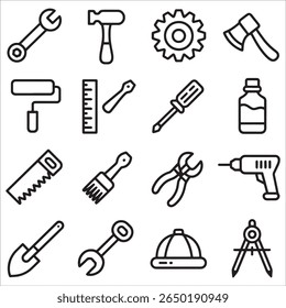 Assorted Tool Icons Representing Construction Repair and Building including Wrench Hammer Saw Compass and Drill Tools for Repairing and Building