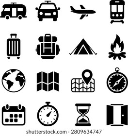 Assorted travel and adventure icons featuring transportation vehicles camping gear maps and timekeeping tools in minimalist design