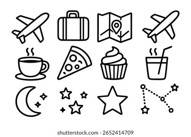 Assorted Travel and Food Icon Set Featuring Airplane, Suitcase, Pizza, and Constellation