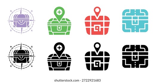 Verschiedene Schatz-, Standort- und Rastersymbole werden in farbigen und monochromen Stilen angezeigt.