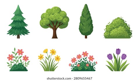 Assorted Trees And Flowers Vector Illustration With Green Foliage