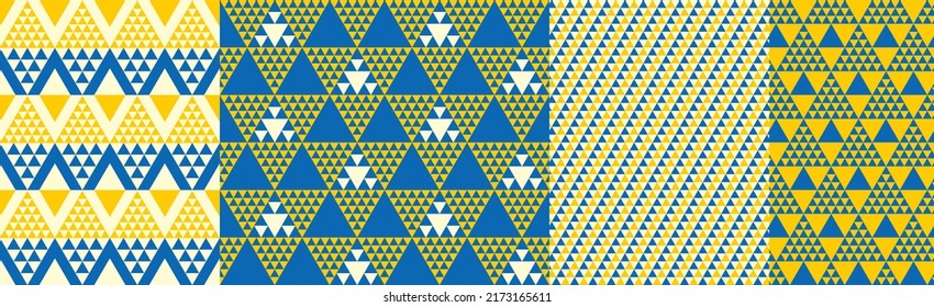Assorted Triangle geometry seamless pattern set in blue and yellow. Triangles patterns collection. Vector geometric repeatable motif for textile, print, wrap, scrapbook paper.