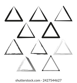 Assorted triangles in clean and brush stroke styles. Sharp geometric shapes. Minimalist design elements. Vector illustration. EPS 10.