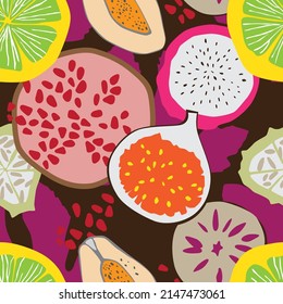 Assorted tropical fruit on dark brown background seamless vector pattern 