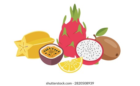 Assorted tropical fruits grouping containing starfruit, halved passion fruit, dragon fruit, whole kiwi, and lemon slice.