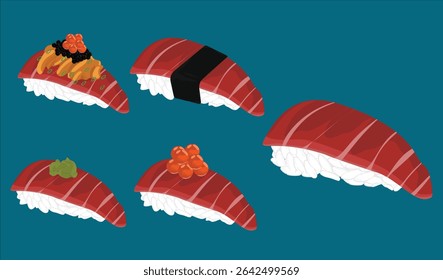 Assorted Tuna Sushi with Nori, Wasabi, Ikura and Traditional Japanese Garnishes

The sushi is beautifully plated with traditional Japanese garnishes, showcasing a rich culinary style ideal for themes 