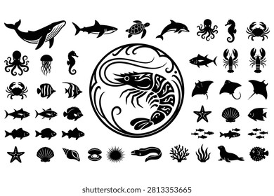 Assorted underwater animals including fish crabs octopus whale shark and starfish depicted