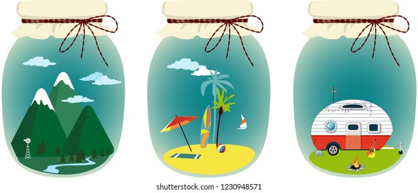 Assorted vacation destinations packages in jars, EPS 8 vector illustration