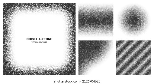 Assorted Various Black Noise Halftone Different Grainy Textures Vector Set Isolated On White Background. Contrast Black White Graphic Rough Gritty Variety Texture Design Element Collection