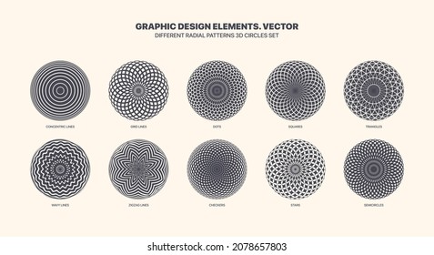 Assorted Various Circles With Radial Fractal Pattern Vector Set With Different Geometric Textures Isolated On White Background. Collection Of Concentric Variety Patterns. Variations Of Design Elements