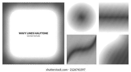 Assorted Various Halftone Wavy Lines Textures Vector Different Geometric Pattern Set Isolated On White Background. Contrast Black White Graphic Modern Pattern Variety Texture Design Element Collection