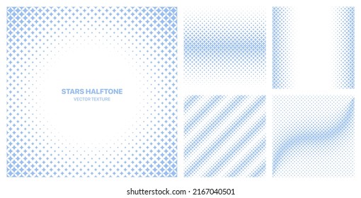 Assorted Various Pale Blue Stars Halftone Textures Vector Different Geometric Patterns Set Isolated On White Background. Modern Half Tone Graphic Pattern Variety Texture Design Elements Collection