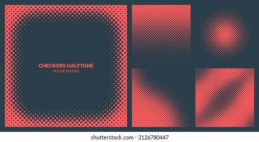 Assorted Various Red Checkered Halftone Textures Vector Different Geometric Patterns Set Isolated On Dark Blue Background. Contrast Graphic Modernism Pattern Variety Texture Design Elements Collection