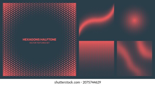Assorted Various Red Halftone Hexagon Dot Textures Vector Different Geometric Patterns Set Isolated On Blue Background. Contrast Graphical Modernism Pattern Variety Texture Design Elements Collection
