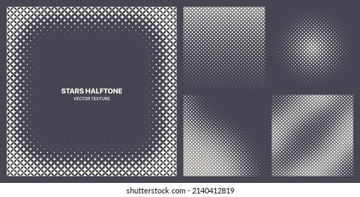 Assorted Various Stars Halftone Textures Vector Different Geometric Patterns Set Isolated On Dark Grey Background. Contrast Modern Half Tone Graphic Pattern Variety Texture Design Elements Collection