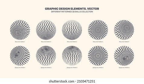 Assorted Various Vector Patterned 3D Balls In Different Positions With Wavy And Zigzag Line Art Set Isolated On White Background. Graphic Black White Variety 3D Spheres Design Elements Collection